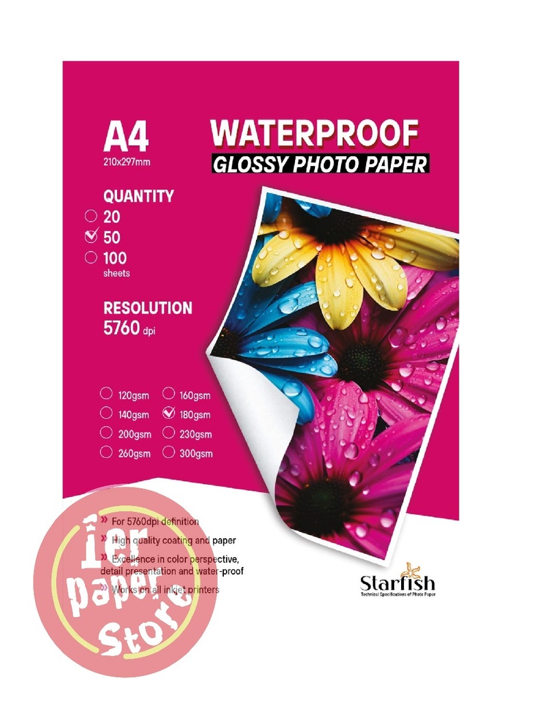[PP1800] RAME PAPIER PHOTO GLOSSY 1F A4 180G DE 50 F STARFISH 24-4