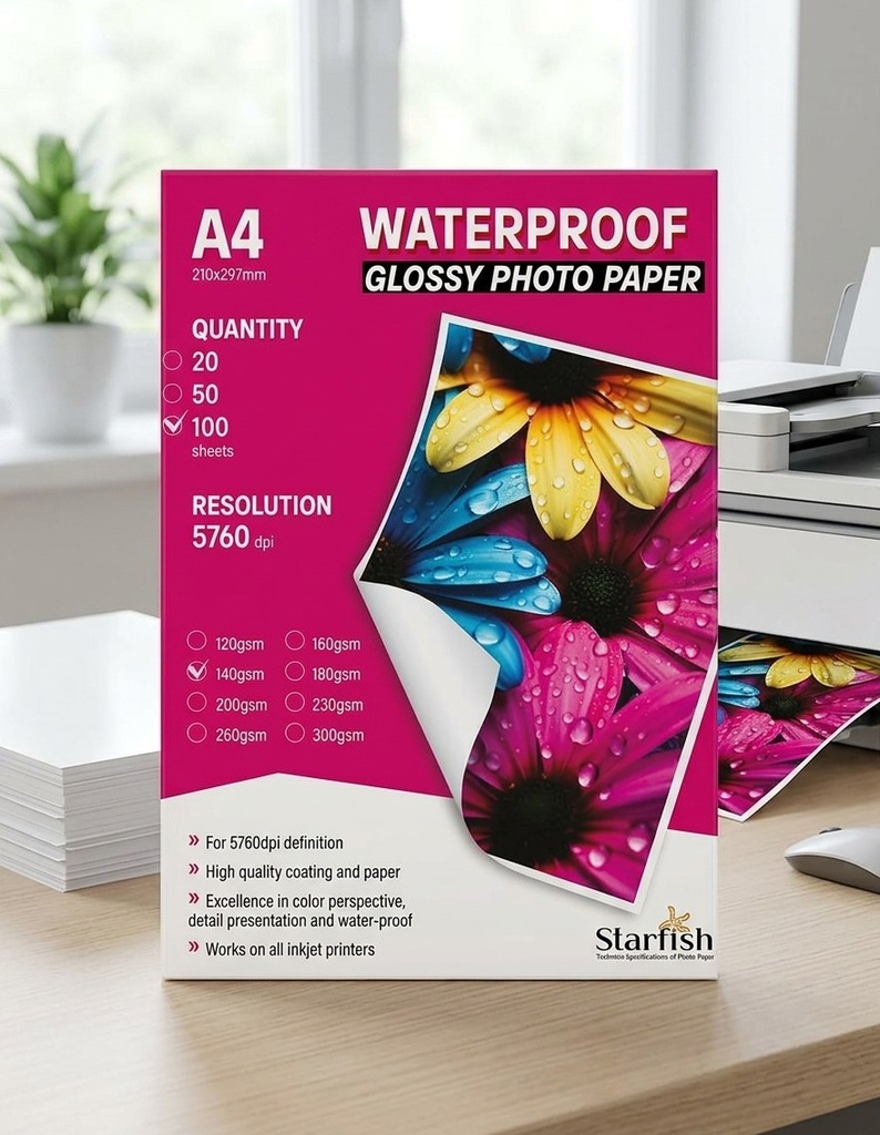 [RP4140] RAME PAPIER PHOTO GLOSSY 1F A4 140G DE 100F STARFISH 20-2
