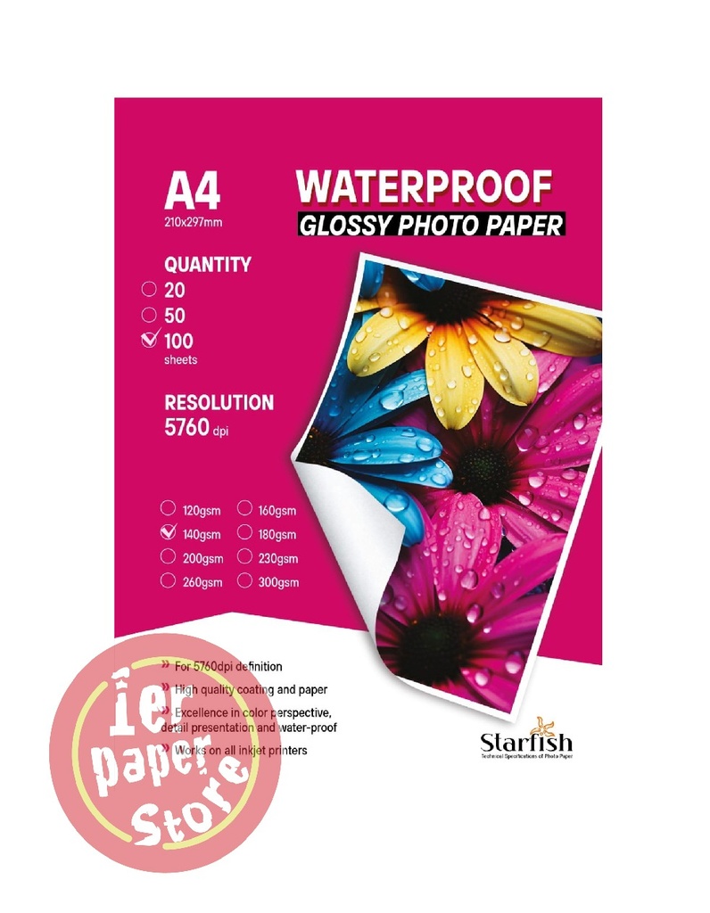 [RP4140] RAME PAPIER PHOTO GLOSSY 1F A4 140G DE 100F STARFISH 20-2
