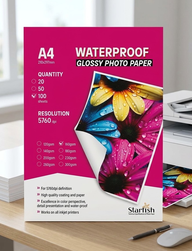 [PP1650] RAME PAPIER PHOTO GLOSSY 1F A4 160G DE 100 F STARFISH 20-3
