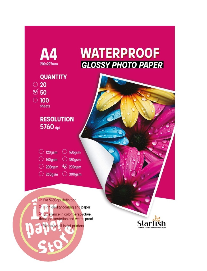 [PP2303] RAME PAPIER PHOTO GLOSSY 1F A4 230G DE 50 F STARFISH /20-6